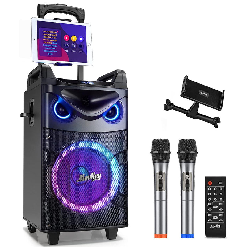 Moukey 10" Woofer Portable PA Karaoke Machine with Bluetooth Speaker and 2 Wireless Microphones