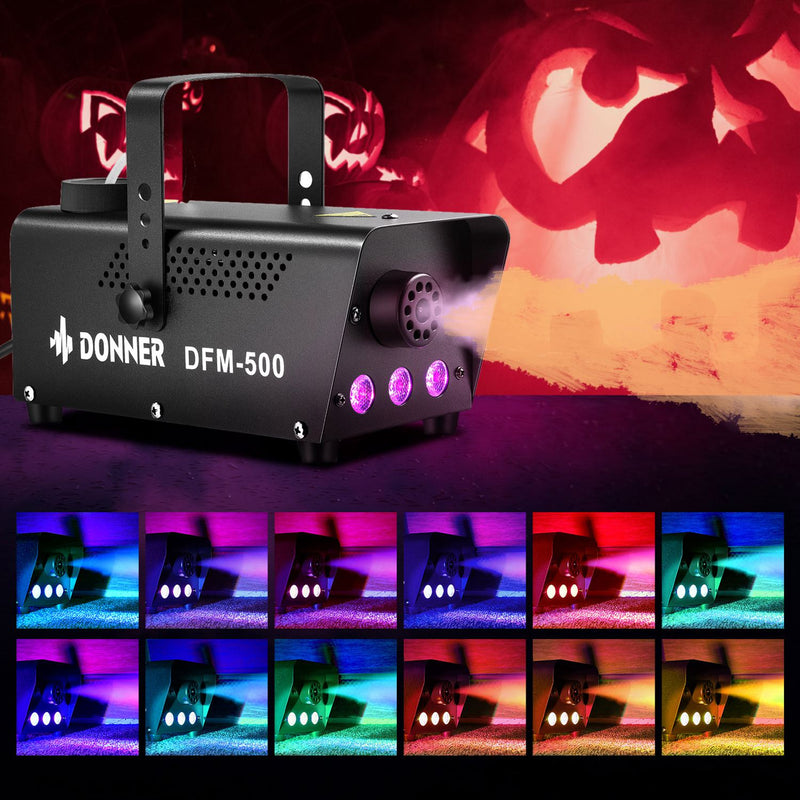 Donner DFM-400 13-Color Fog Machine w/ Remote Control RGB LED Light Strobe Effect 500W Smoke Machine Portable for Halloween Party Christmas Wedding